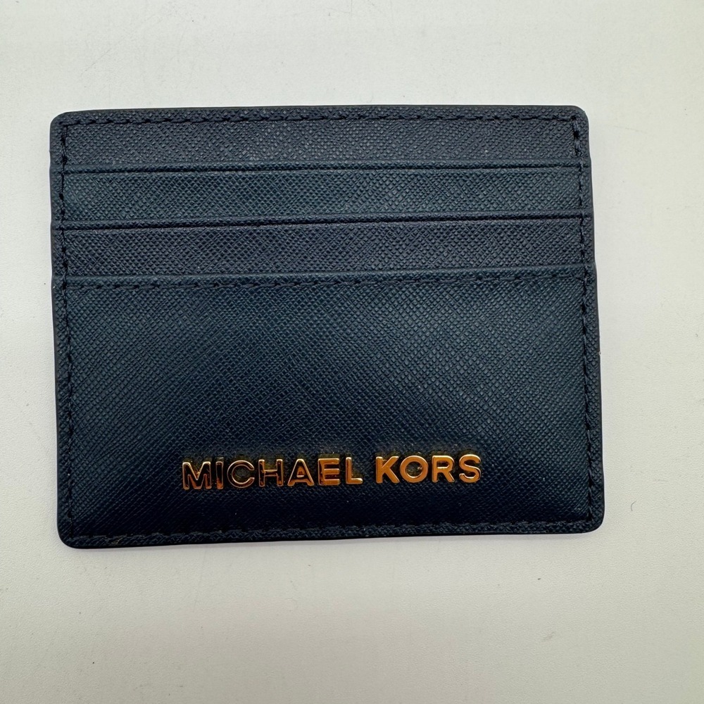 Michael Kors Jet Set Travel Card Holder Navy Leather Gold Logo ID Window